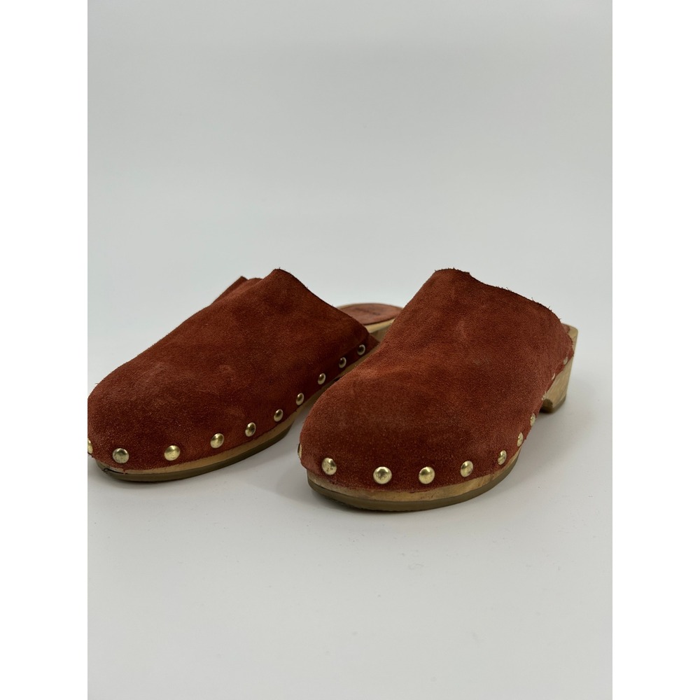 MANGO Rust Brown Suede Studded Wooden Clogs Mules Size 39 Boho 70s Style